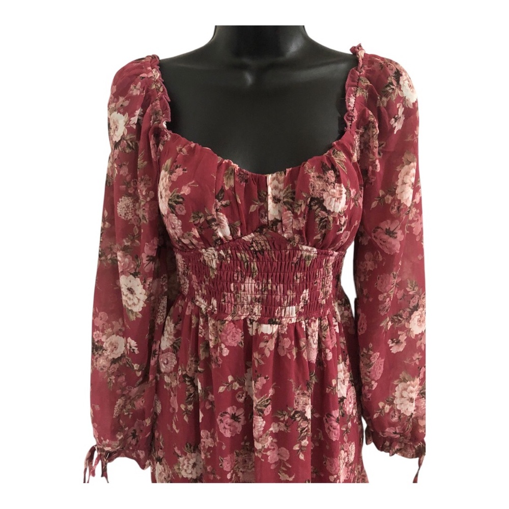Trixxi red floral multi smocked tiered chiffon wispy dress size XS brand new